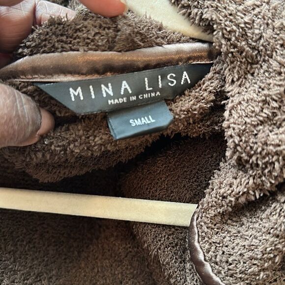 Mina Lisa Feather Knit Hooded Lounge Robe in Cocoa S - Picture 7 of 8
